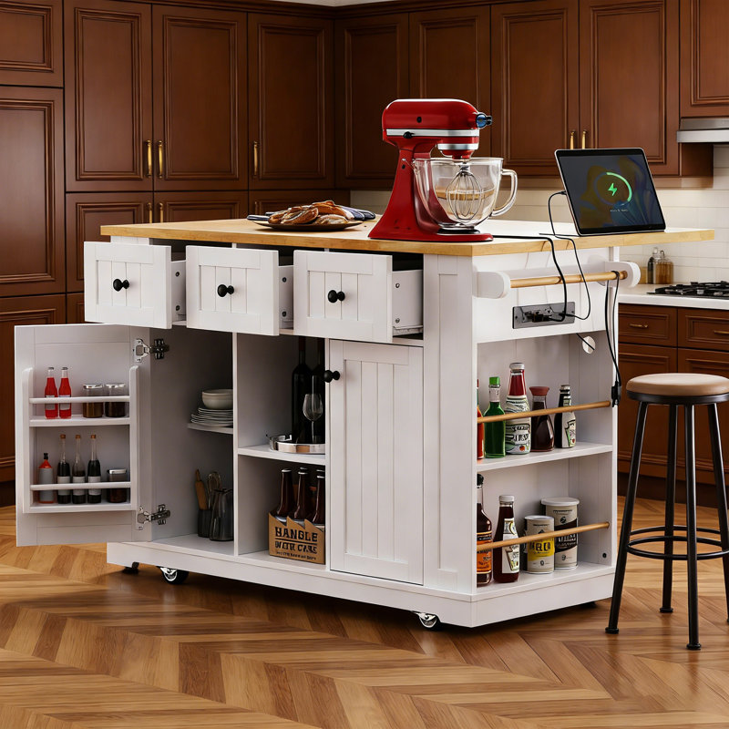 53Inch Large Kitchen Island With Drop Leaf, Power Outlet, Door Internal Storage Rack, Rolling Kitchen Cart On 5 Wheels With 5 Open Side Racks For Kitchen, Dining Room,White(Not Include Bar Stools)