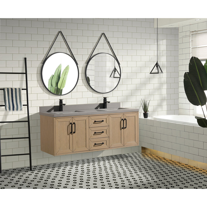 Venice 55" Oak Gray Double Sink Wall-Mount Vanity with Quartz Top