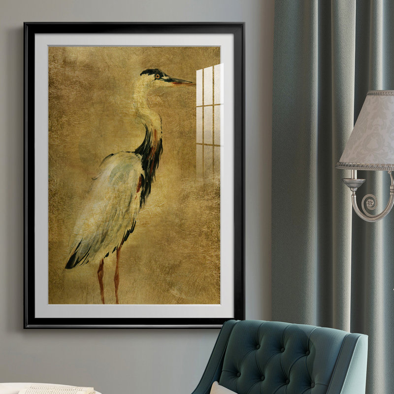 «Gold Crane at Dusk I», peinture sur toile encadrée, H 26,5 po x l 36,5 po x P 1,5 po, Noir