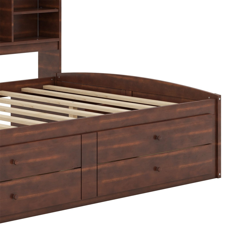 Lit capitaine en bois avec tablettes de rangement intégrées, tiroirs et armoires