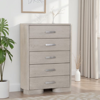 Commode haute Celly, 5 tiroirs, bords ronds, bois de chêne blanc