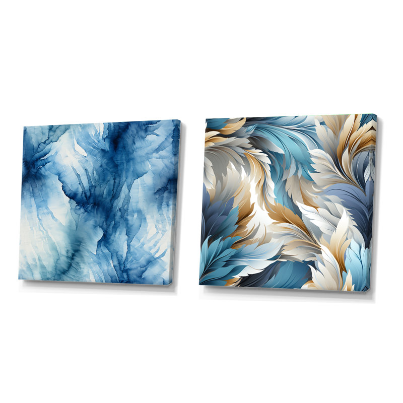 Encre de marbre bleue et blanche Shibori II - ensemble de 2 collages carrés abstraits, H 36 po x l 73 po, Toile tendue