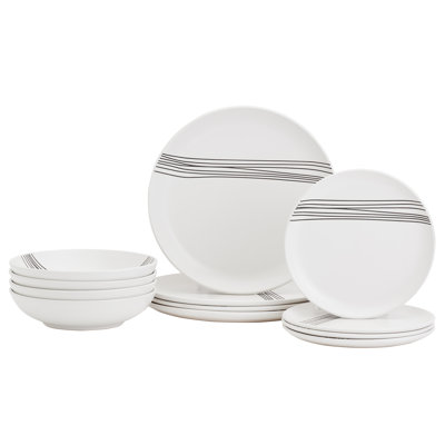 Tabletops Gallery Skye 12 Piece Stoneware Dinnerware Set in White with Black Stripes – Service for 4
