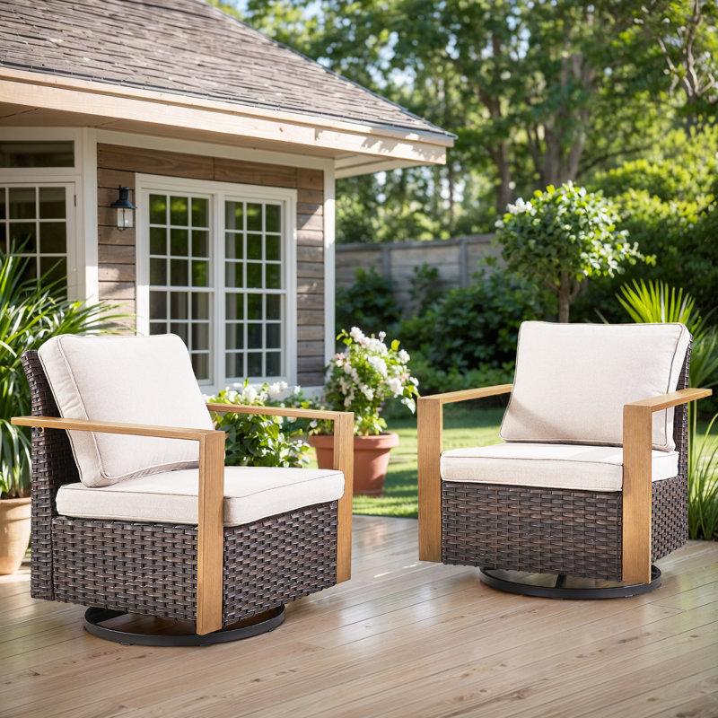 Kelyse Wicker Outdoor Patio Swivel Glider Rocker Chairs With Cushions（Set of 2）, Brown, Beige