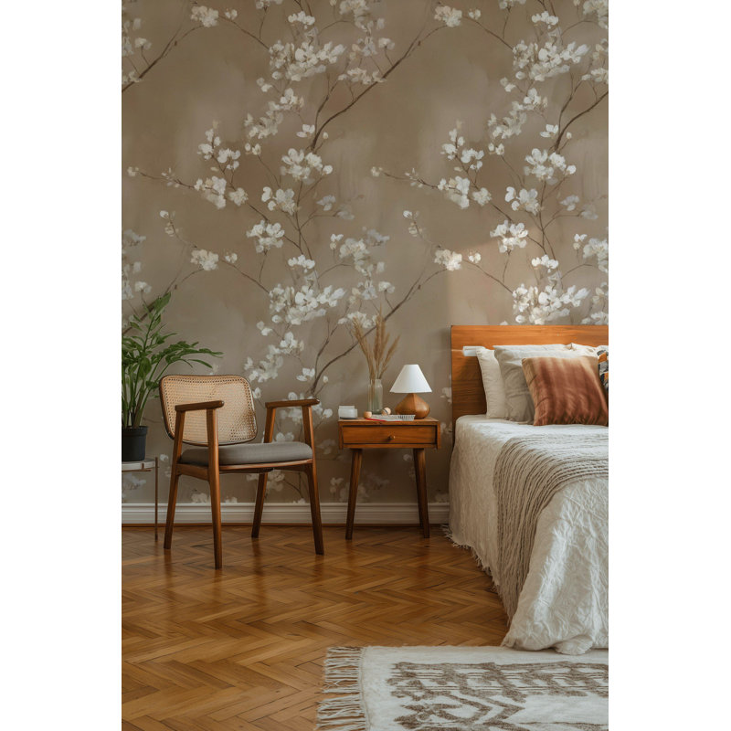 Papier peint floral beige avec branche de fleurs