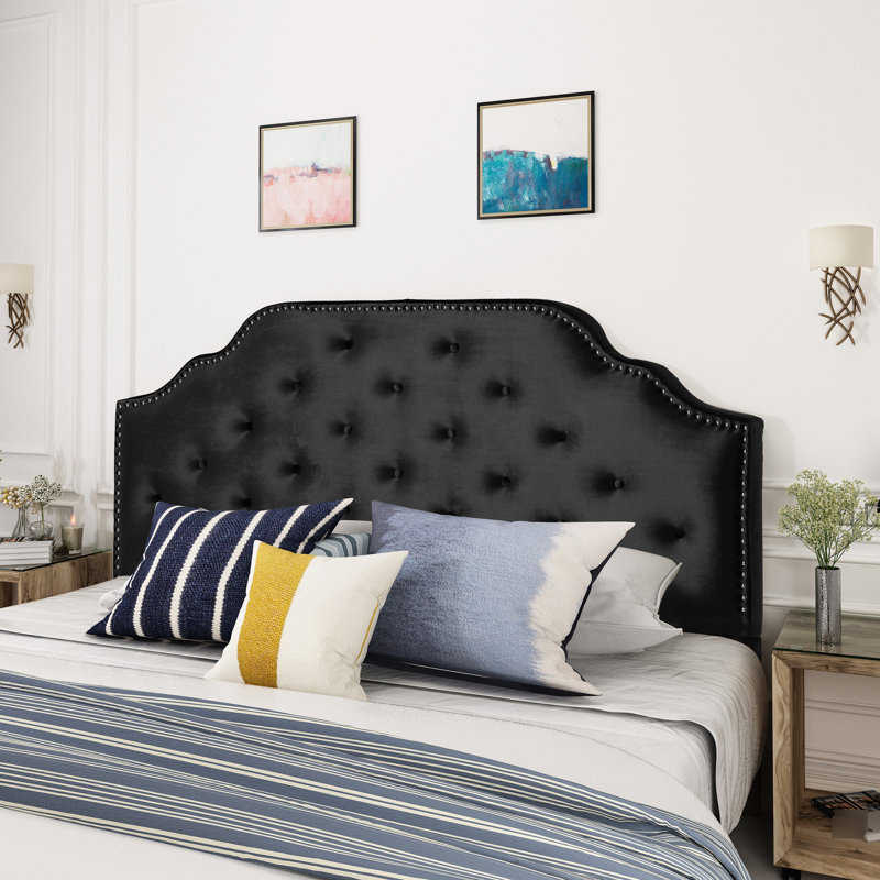 Modern Queen & Full Sized Headboard - Upholstered In Velvet With Button Stitch And Delicate Nailhead Border, Assembly Required Contemporary Diamond Pattern Accents, Needed