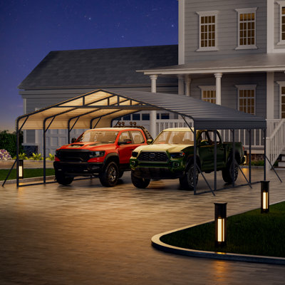20' X 20' Metal Carport With Galvanized Steel Roof And Reinforced Base For Cars, Boats & Trucks