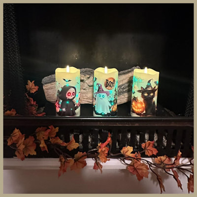3‑Pack Fiber‑Optic Halloween Flameless LED Pillar Candles, Ghost Cat Bat with Remote for Indoor Home Decor
