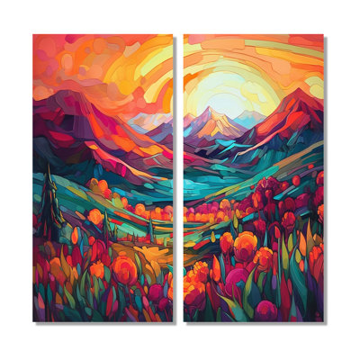 «Vibrant Sunset Shining Over Mountains I», art mural orange 2 pièces