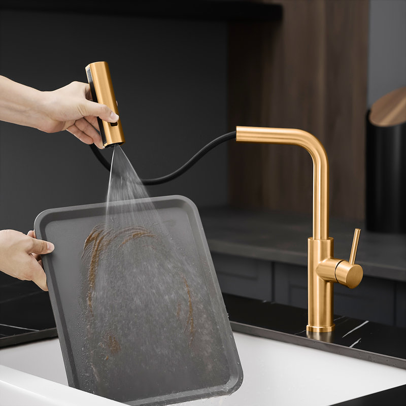 Stainless Steel Kitchen Faucet In Brushed Gold With Pull Out Spray And Construction 360 Rotating Easy, Brushed Gold