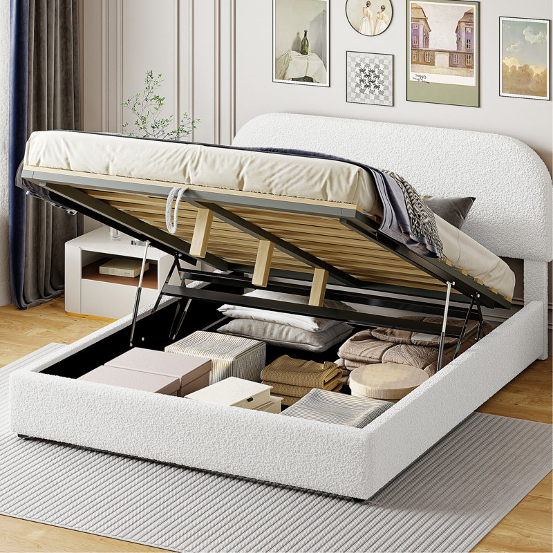 Grand lit avec molleton doux et rangement hydraulique - plateforme blanche pour, Grand lit