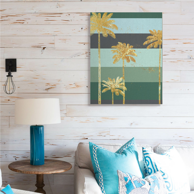 Glam Tropical Palms sur Green Bold Stripes par Ziwei Li - Peinture, H 40 po x l 30 po, Toile tendue