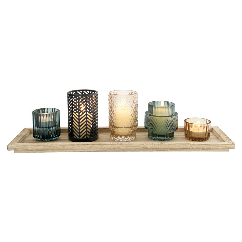 5-Piece Embossed Glass and Metal Tealight Candle Holders in a Wood Tray