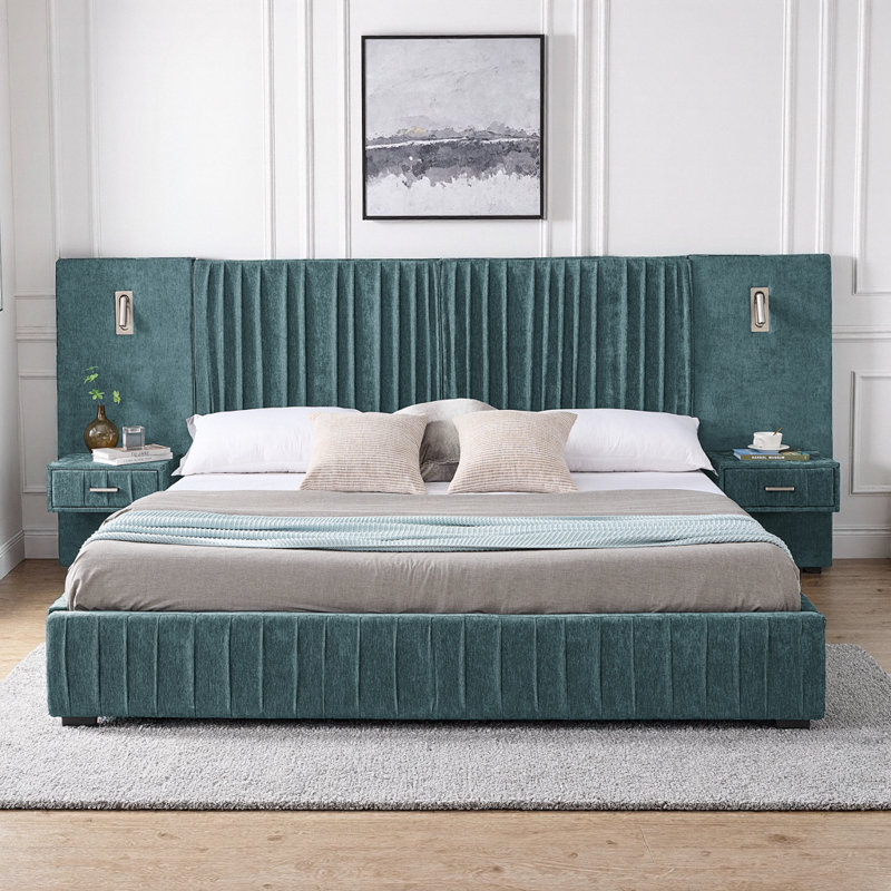 Très grand lit plateforme tapissier avec tête de lit et table de chevet intégrée bleu-vert - Aucun sommier nécessaire