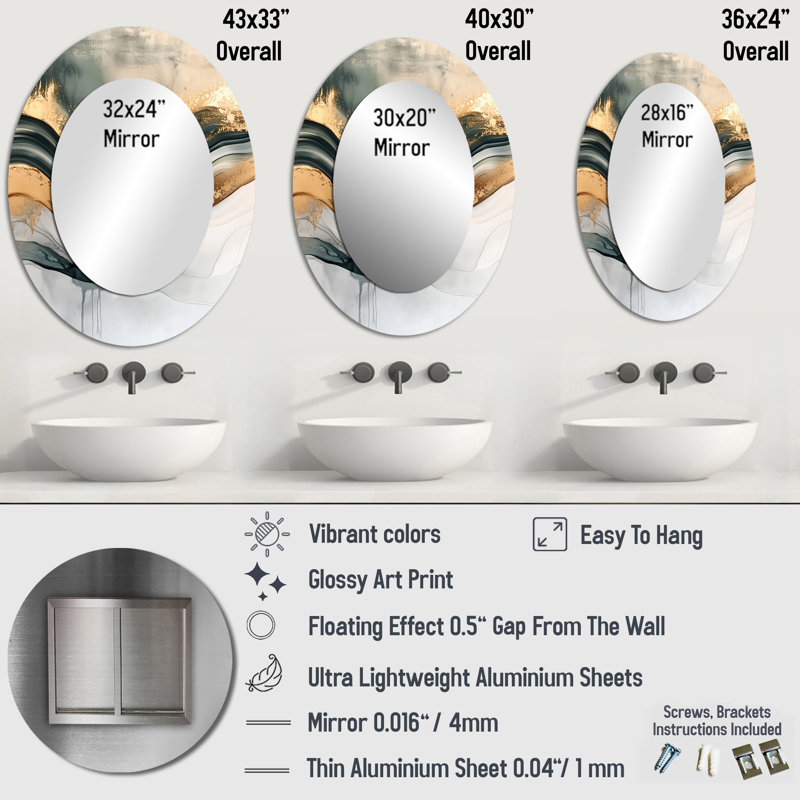 Silent Melody Of Golden Hard Edge Ink II - Gold Modern Oval Wall Mirror, 40" x 30"