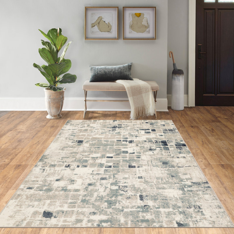 Tapis abstrait bleu et beige 3 pi x 5 pi Dhurrie