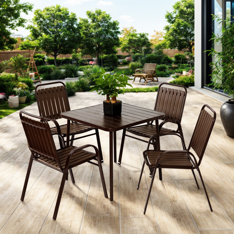 Ensemble 5 pièces de chaises d'extérieur en plastique et table en acier, Brun