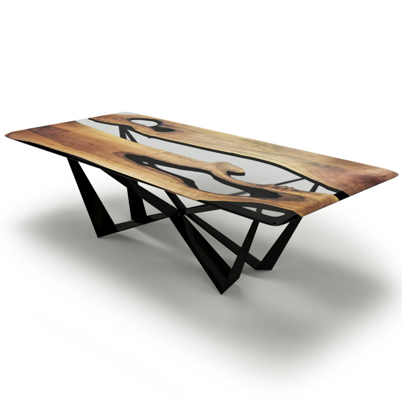 Danube Walnut Wood Dining Table, 48" W x 108.3" L, Brown/Clear/Black, Polished Black
