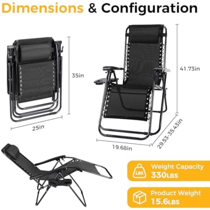 Ensemble de 2 fauteuils inclinables Zero Gravity, Noir