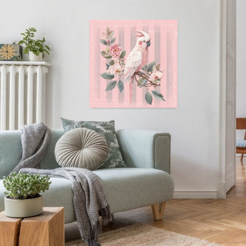 Pink Cockatoo Floral Elegance Delicate Elegant Romantic Bird Orchid Nature Tropical Wall Art Print 1 Piece Wrapped Canvas Wall Art