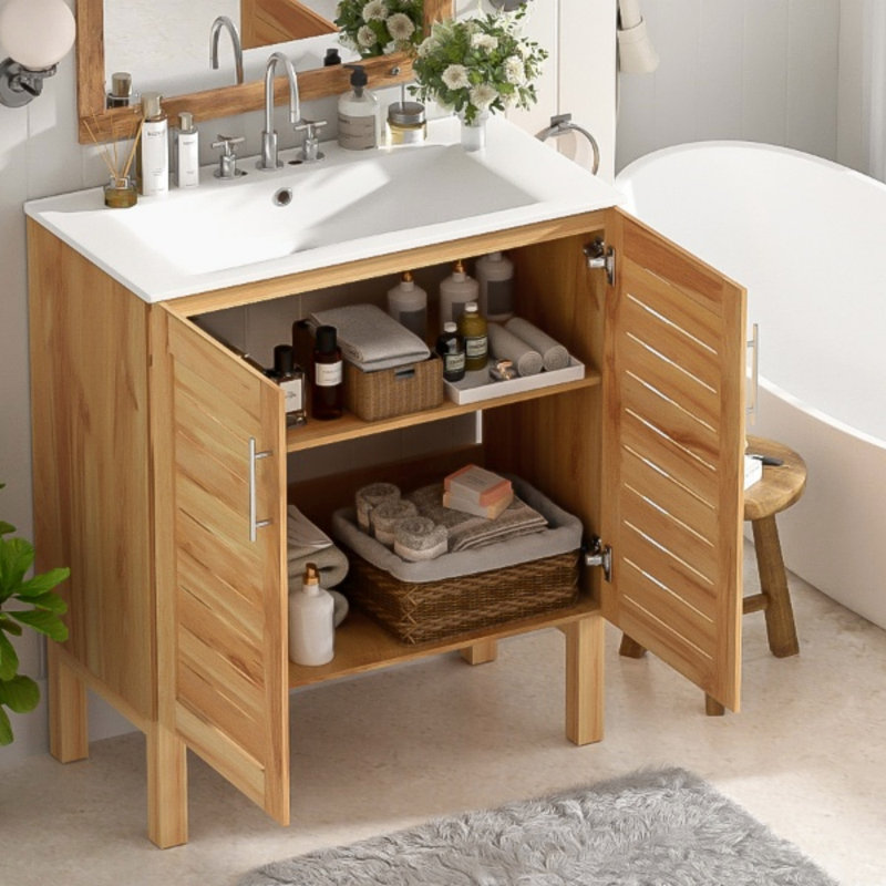Meuble-lavabo antique de 30 po avec lavabo en céramique, meuble-lavabo moderne Mid-Century avec 2 portes à fermeture en douceur et grand espace de rangement, ensemble de meuble-lavabo simple autoportant rétro