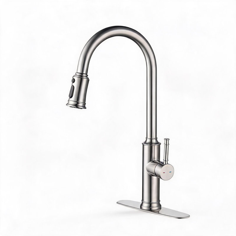 Robinet de cuisine en acier inoxydable nickel brossé avec douchette rétractable et bec pivotant à 360 degrés High Arc
