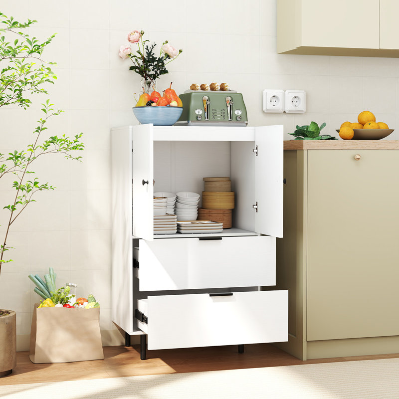 2-Door Serving Cupboard w/ Drawers & Storage Cabinet Metal Legs for Living Room
