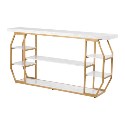 Console en marbre, console moderne à 3 niveaux pour le rangement ouvert, table géométrique dorée avec tubes en fer, dispositif anti-basculement et support triangulaire pour le salon, le couloir, l'entrée, le vestibule