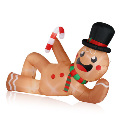 Décoration de Noël gonflable illuminée, L 118 po x l 33,5 po x H 70,8 po, bonhomme en pain d'épice inclinable, brun / blanc, 6 lumières DEL intégrées et adaptateur 12 V
