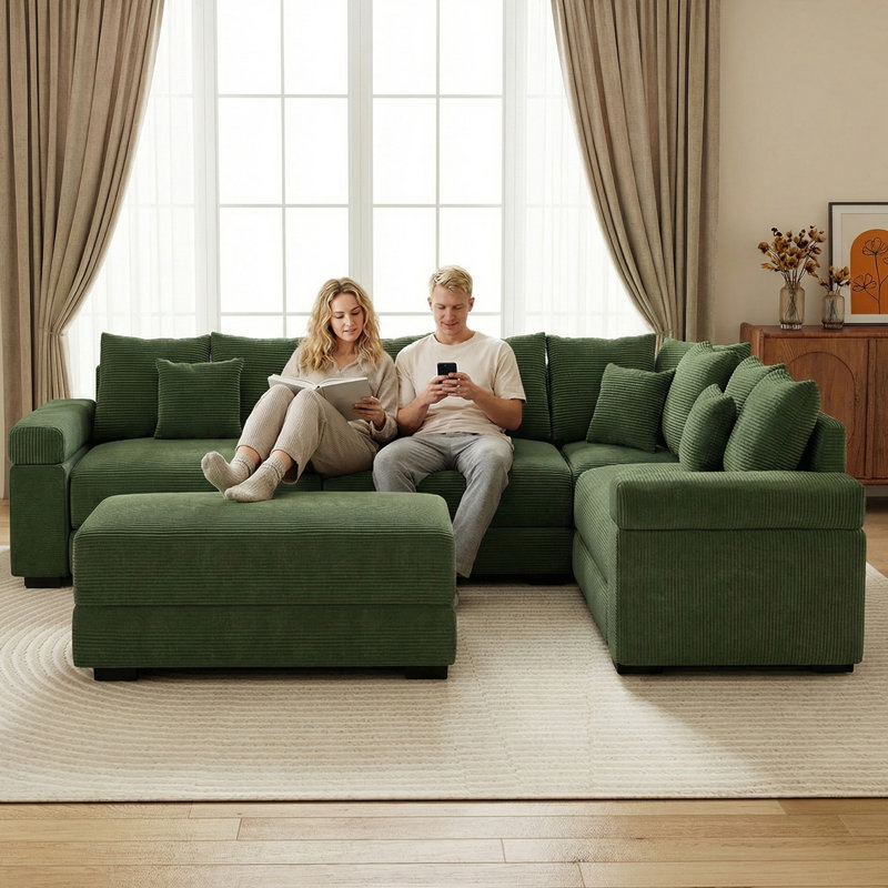5-Piece 117" Sectional Corner Sofa Oversized Corduroy Modular Deep Seat Cloud Couch With 46" Movable Ottoman & Pillows