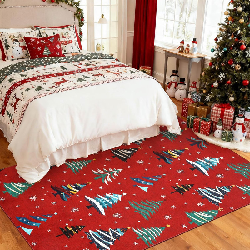 6x9 Christmas Area Rug, Washable Low Pile with Non Slip Backing for Living Room Bedroom, Red, Rectangle 6' x 9', Red