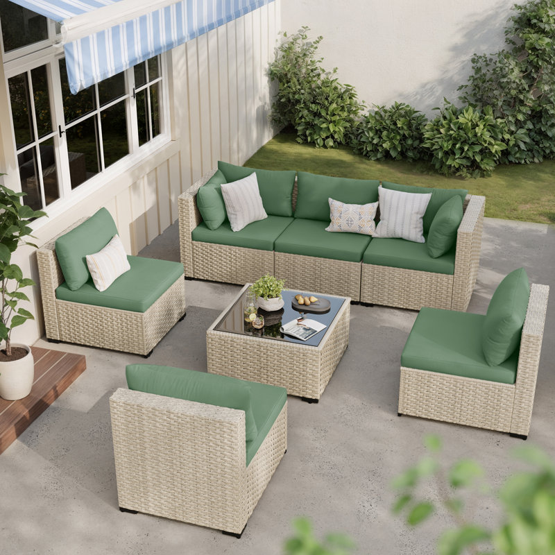 7 Piece Patio Conversation Set with Coffee Table and Cushions, Green