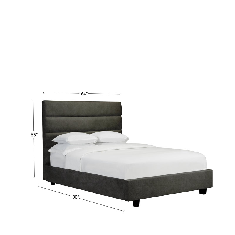 Lit plateforme tapissier capitonné Straughter, Grand, Similicuir - pierre