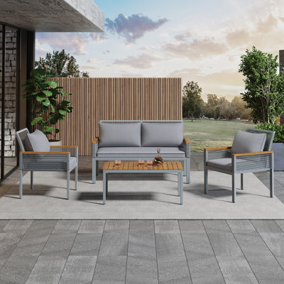 Acacia Rectangle Solid Wood and Powder Coated Steel Patio Dining Set with Cushions included