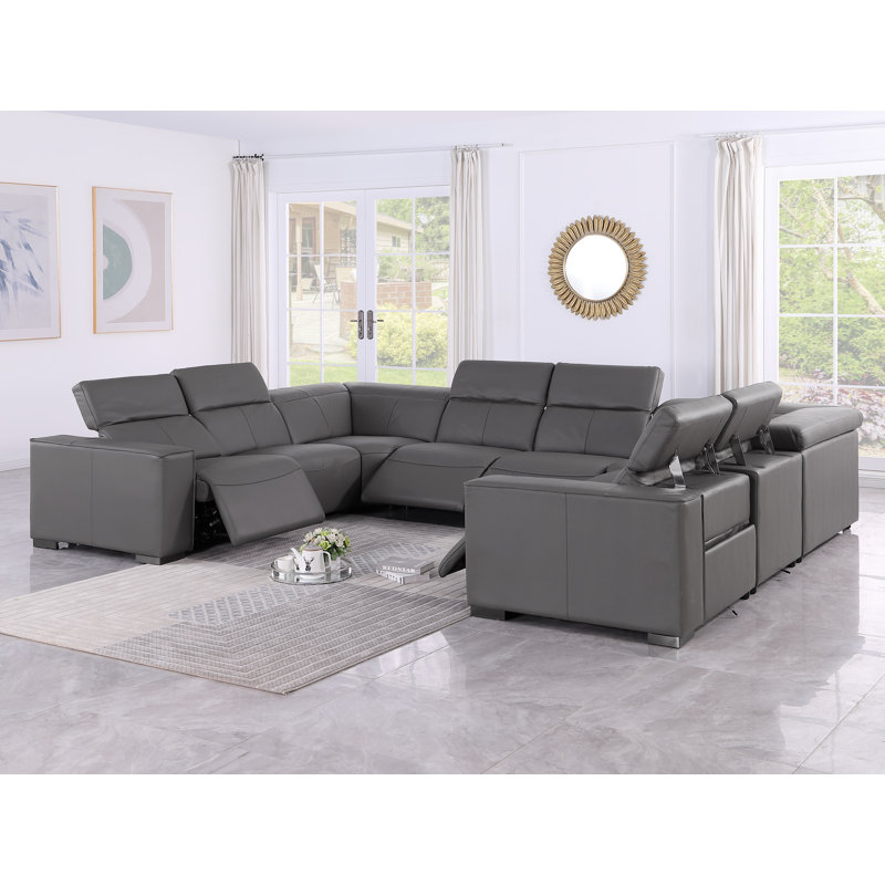 Arcadia Luxurious 8-Piece U-Sectional In Genuine Leather With 2 Power Recliners With Power Headrests, Gray
