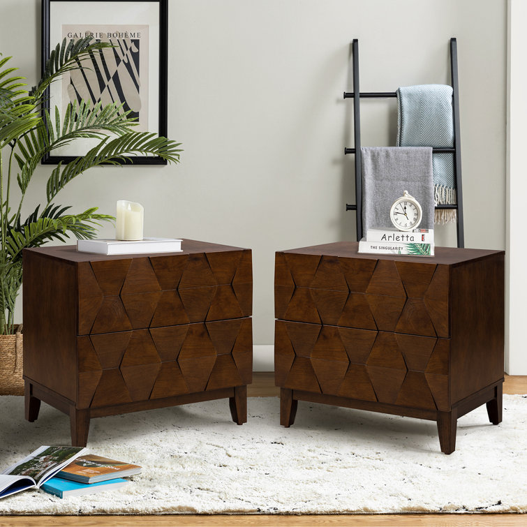 Sara Midcentury Modern 2 - Drawer Nightstand with Built-In Outlet and Solid Wood Legs (Set of 2)