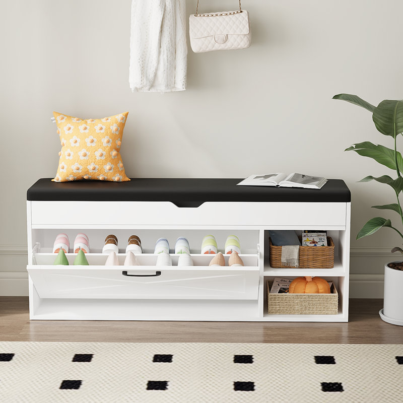 8 Pair Shoe Storage Bench with adjustable shelves and open storage, Shoe Bench with Hidden Storage Space and Leather Cushion