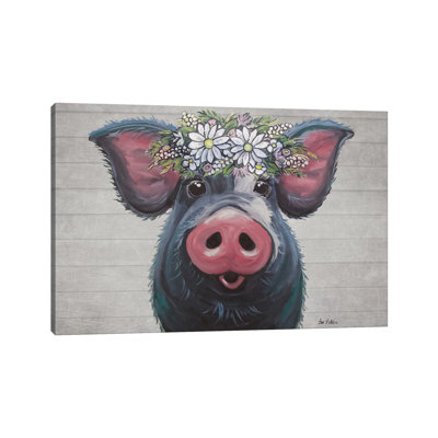 Lulu «The Pig With Daisies Farmhouse Style» par Hippie Hound Studios - peinture sur toile tendue
