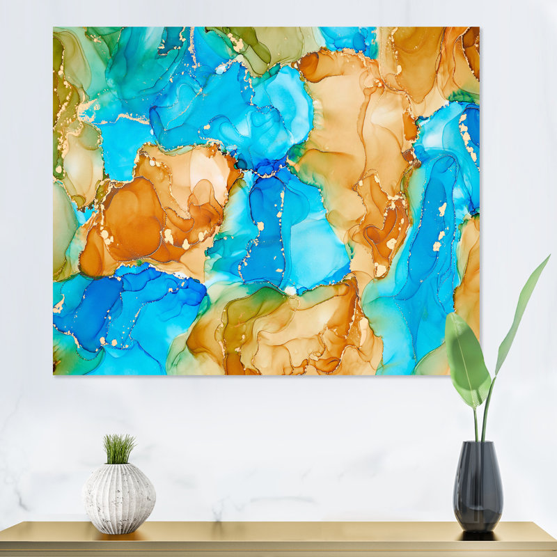 Turquoise et brun, luxe abstrait, fluide I - peinture sur toile, H 24 po x l 32 po x P 1 po, Toile tendue