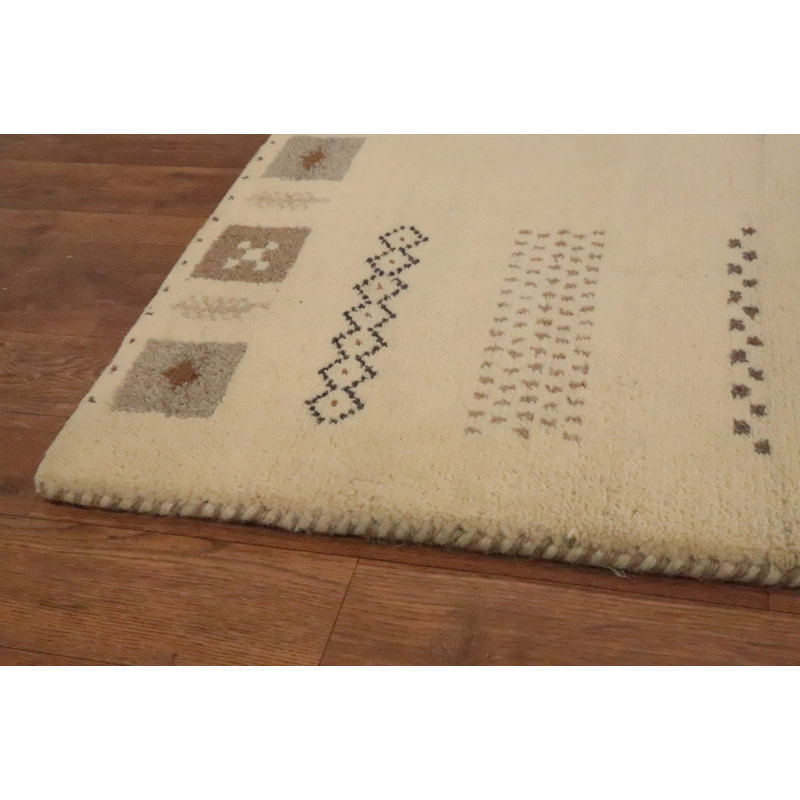 Tapis beige neutre de style Gabbeh 5 x 7 avec broderie géométrique complexe