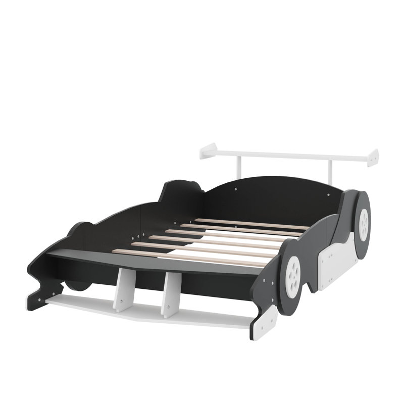 Lit plateforme pleine grandeur en forme de voiture de course avec roulettes, Lit double, Noir