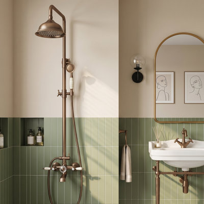53.1" Adjustable Wall Mount Exposed Shower System with Tub Spout, Handheld Shower with Jade Handle
