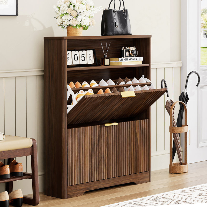Free Standing Shoe Storage Cabinet  With 2 Flip Drawers For Entryway, Walnut