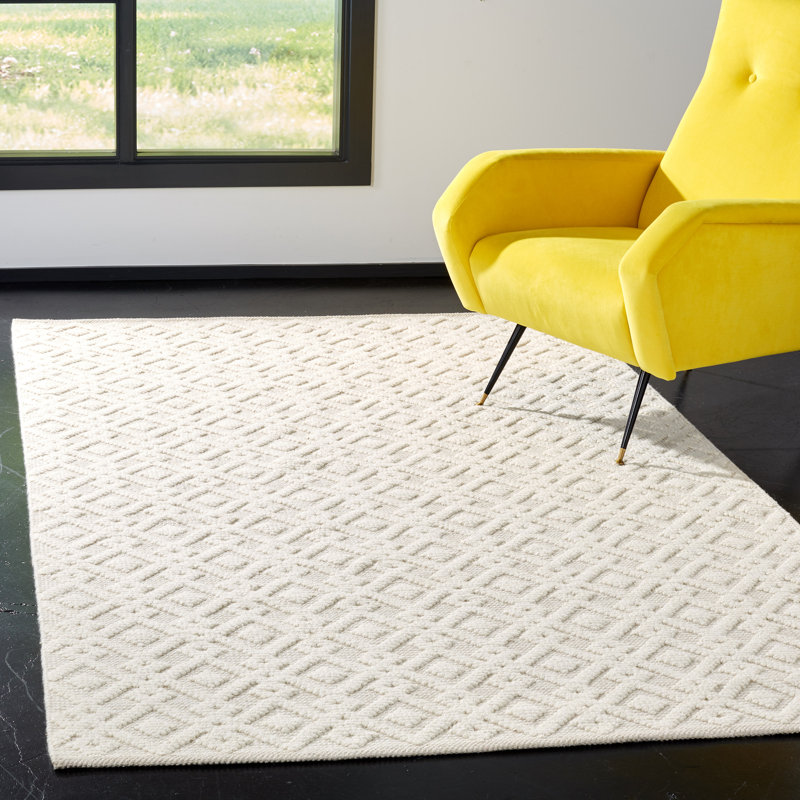 Vermont Hand Woven Wool/Cotton Geometric Rug in Ivory, Rectangle 8' x 10'