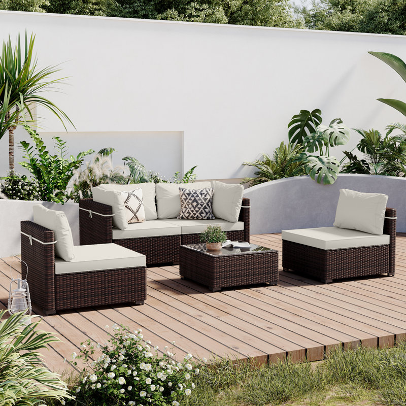 5-piece wicker patio conversation sets with cushions, Ivory White, 5 Pcs, Brown