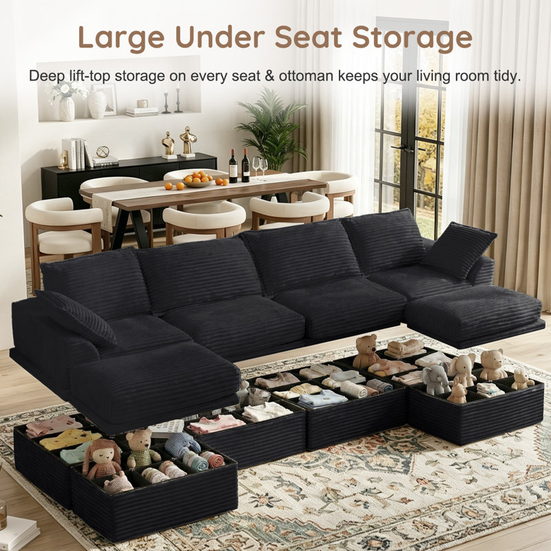 Boneless 142" Cloud Modular Sectional Couch with 2 Ottomans, Modern Minimalist Upholstered Sofa, Comfort U Shaped Couch for Living Room, Deep Seat Corner Sofa with Under-Seat Storage, Easy Assembly Required