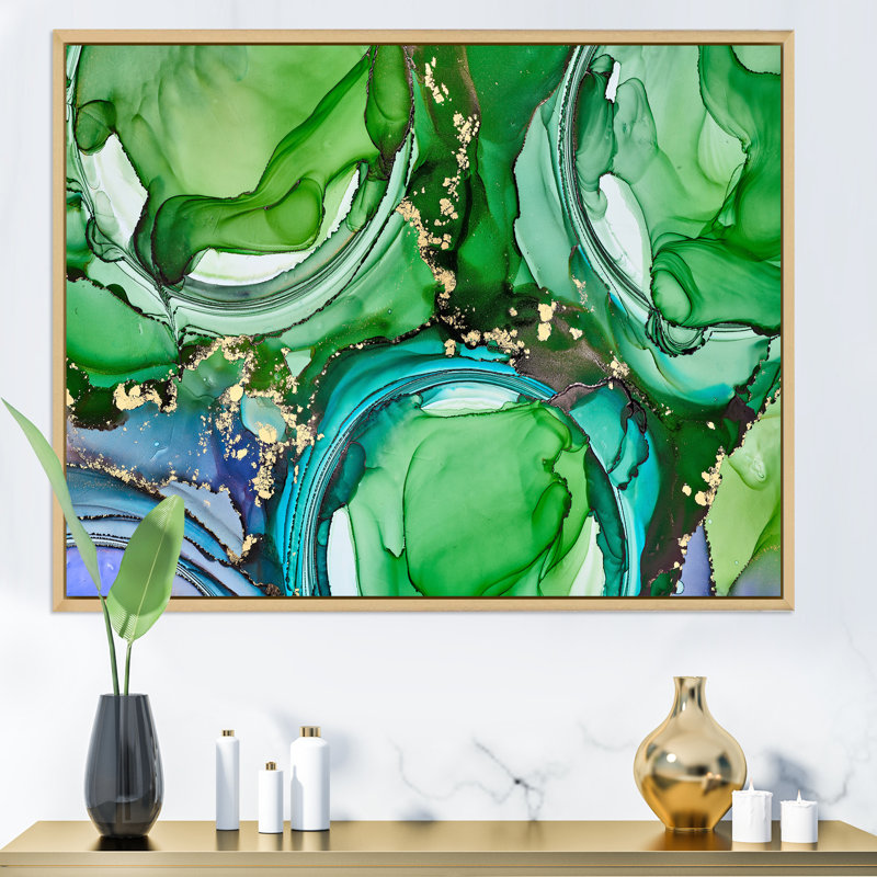 «Green Luxury Abstract Fluid Art», peinture sur toile, H 34 po x l 44 po, Cadre flottant en érable