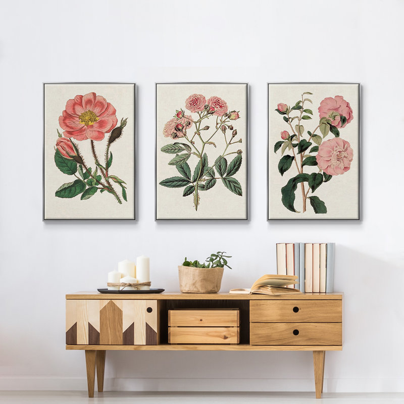 "Pink Floral Mix IV", reproduction sur toile 3 pièces, Encadrement argenté, H 36 po x l 72 po x P 2 po