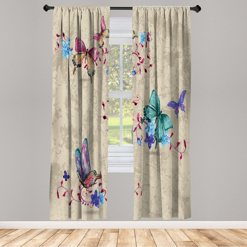 Microfiber Floral Semi-Sheer Rod Pocket Curtain Panels, 28" W x 84" L, Tan/Turquoise