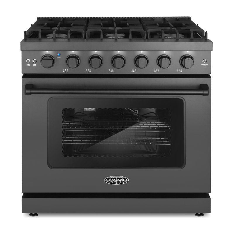 Cosmo 36 po Collection Haven Pi. Cuisinière à gaz, 6 brûleurs, four à convection, boutons à DEL, tiroir de rangement, noir mat